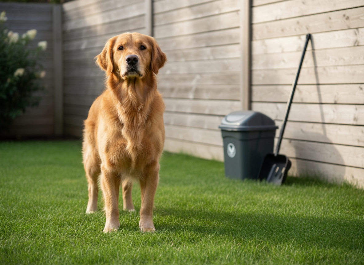 A close-up, eye-level view of a well-groomed golden retriever standing proudly on a spotless, vibrant green backyard lawn, its clean paws contrasting against the grass. In the midground, a sealed pet waste container and a modern, black metal scooper lean against a wooden privacy fence, subtly indicating recent service without showing any mess. Warm golden hour sunlight bathes the scene, creating soft highlights on the dog’s fur and gentle shadows across the yard. The photographic realism and shallow depth of field keep the dog in sharp focus while the background blurs slightly, producing an inviting, family-friendly atmosphere that emphasizes the comfort of a consistently cleaned yard.