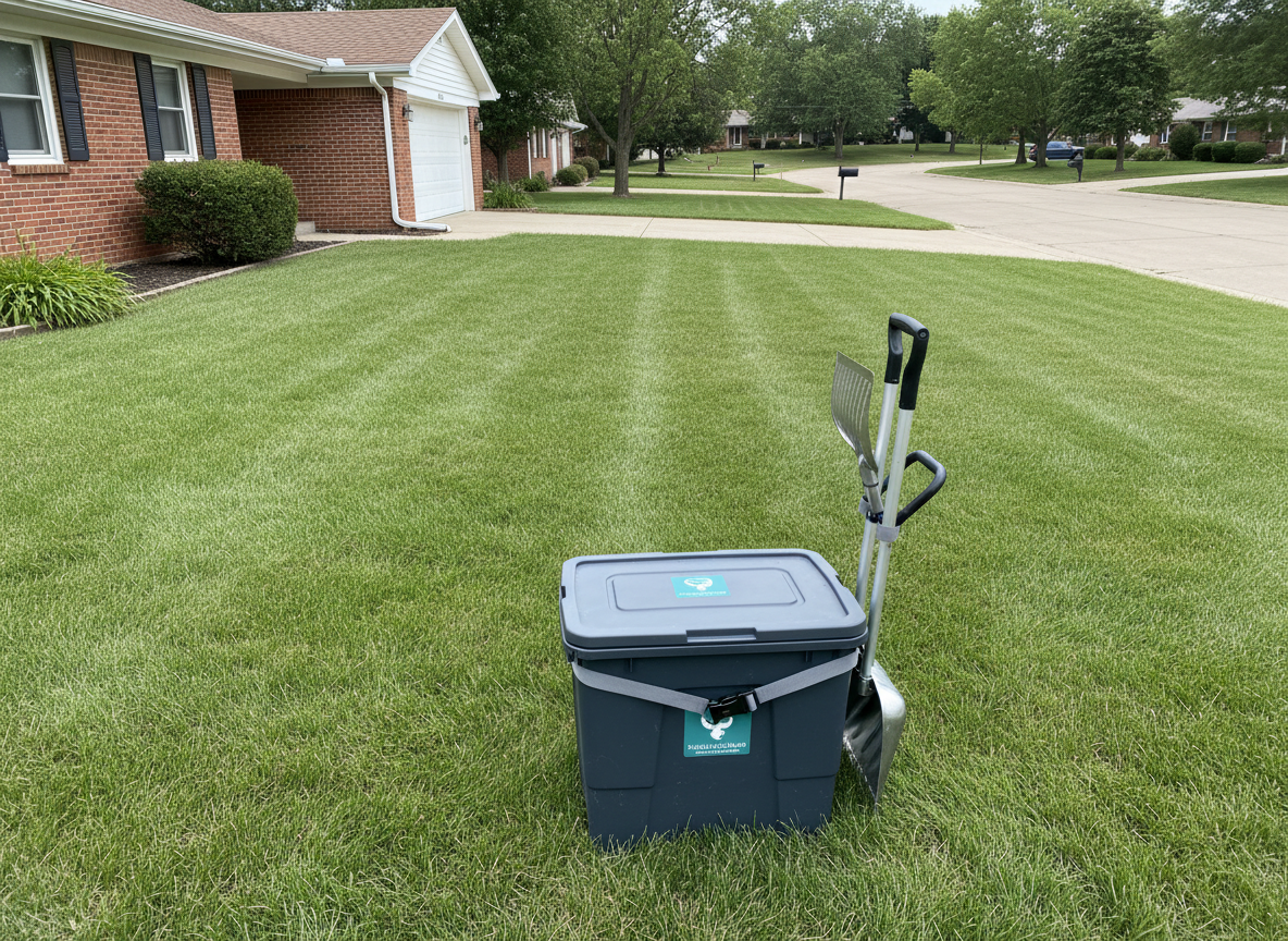 A freshly cleaned suburban Omaha front yard with a manicured lawn stretching toward a quiet cul-de-sac, framed by a brick ranch-style house and a tidy driveway. In the foreground, a sturdy, closed pet waste removal cart with discreet branding colors and a neatly stored long-handled pooper scooper rests on the grass, with no visible waste. Soft overcast daylight provides even, diffused lighting with minimal shadows, creating a calm, professional mood. Shot from a slightly elevated angle in photographic realism, the composition uses the rule of thirds to highlight the tools and pristine yard, conveying reliability, discretion, and thorough dog poop scooping service in a typical Omaha neighborhood.