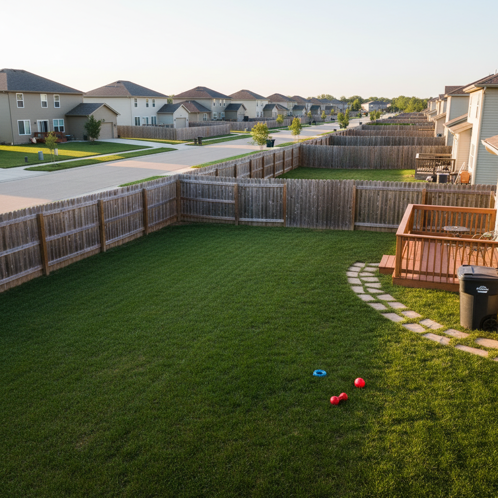 A wide photographic view of several adjacent Omaha backyards separated by wooden fences, each with neatly trimmed grass and no visible pet waste, suggesting regular professional service. In one featured yard, a tidy path leads from a small deck to a sealed outdoor waste receptacle placed unobtrusively near the fence. A couple of colorful dog toys lie scattered on the clean lawn, reinforcing everyday use. Soft late-afternoon sunlight casts long, gentle shadows and a warm tone over the scene. Captured from a slightly elevated, corner perspective with sharp focus throughout, the composition conveys a sense of community, consistency, and reliability for pet waste removal across an entire neighborhood block.
