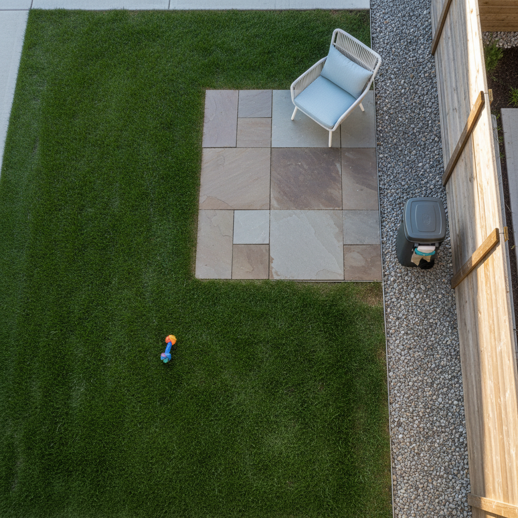 A photographic overhead view of a small Omaha townhouse backyard divided into zones: a patch of pristine, evenly cut grass, a stone patio with an empty lounge chair, and a gravel strip along the fence where a discreet, closed pet waste bin and caddy are positioned. A single dog toy rests on the lawn, hinting at daily use without showing any waste. Soft morning sunlight from the side creates gentle shadows and brings out the textures of the grass, stone, and gravel. The composition is clean and geometric, with sharp focus and a modern, organized mood, visually communicating a tidy, low-maintenance yard maintained by professional pet waste services.