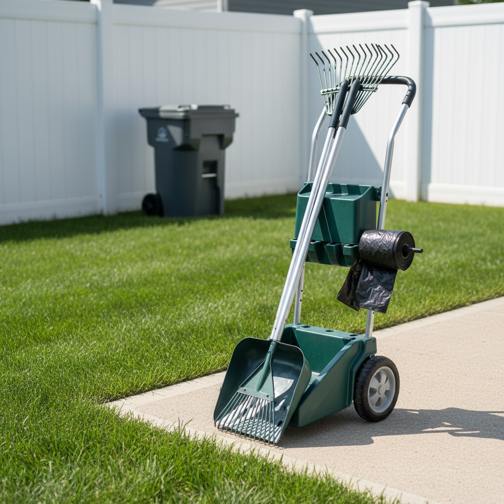 A detail-focused photographic scene of professional pet waste removal tools arranged on a clean patch of grass beside a concrete patio in an Omaha backyard. A sturdy, wheeled caddy holds a long-handled scooper, rake, and a roll of unscented waste bags, all looking well-maintained and ready for use. Behind them, a small, discreet outdoor waste bin with a tightly closed lid sits near a white privacy fence, with no waste visible. Bright midday sunlight illuminates the metal and plastic surfaces, creating crisp reflections and subtle shadows. Shot from a low, slightly angled perspective with moderate depth of field, the image feels organized, efficient, and professional, ideal for emphasizing the quality and thoroughness of a dog poop scooping service.