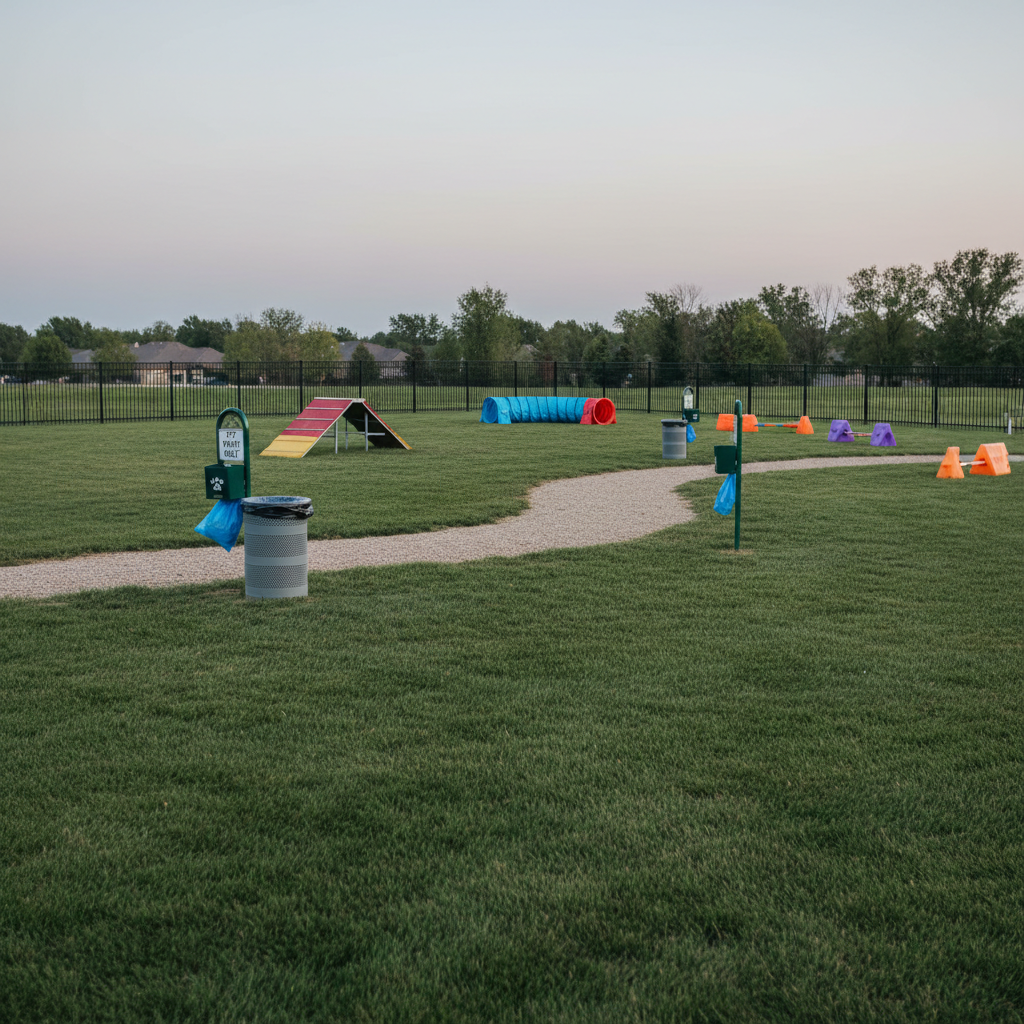 A serene photographic view of a large, fenced Omaha dog park area just after a thorough pet waste cleanup. The expansive grass field is spotless, with clearly visible waste bag dispensers and a lidded trash station placed along a gravel path, all free of any mess. A few colorful agility obstacles, like tunnels and low jumps, dot the clean lawn. The scene is lit by soft, diffused evening light from an overcast sky, giving an even tone with minimal harsh shadows. Captured from a wide, eye-level perspective, the image emphasizes open space, cleanliness, and safety, reflecting the benefits of regular professional pet waste removal for community spaces.