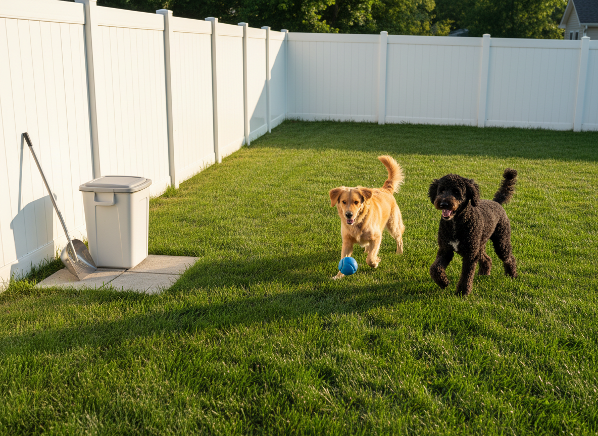 A neatly maintained Omaha backyard with lush green grass and a white vinyl fence, showcasing two medium-sized dogs playing with a bright blue ball in the foreground. In one corner, a closed, lidded pet waste bin and a clean metal scooper with a tidy rake lean against a small concrete pad, emphasizing cleanliness without showing any waste. Soft late-morning sunlight creates crisp, natural shadows and highlights the even texture of the lawn. Photographed at eye level in photographic realism with a wide depth of field, the composition feels bright, trustworthy, and welcoming, perfect for illustrating a professional pet waste removal service and the result of a regularly scooped yard.